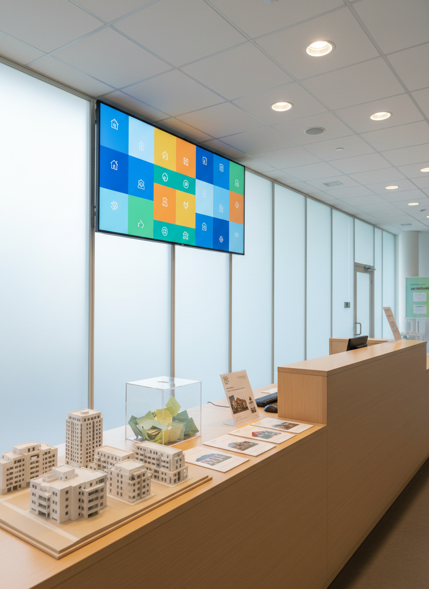 A bright, contemporary community information desk in a Dutch municipal hall, with a wide digital screen displaying an abstract housing dashboard of colorful blocks and neutral icons instead of text. On the sleek light-wood counter lie printed brochures with simple house illustrations, a small architectural scale model of diverse apartment buildings, and a clear acrylic suggestion box filled with anonymous paper notes. Soft overhead lighting and indirect daylight through frosted glass create a welcoming, balanced illumination with minimal glare. Captured at eye level in photographic realism, the composition follows the rule of thirds, drawing the viewer from the model to the screen. The atmosphere feels open, professional, and approachable, suggesting accessible information about toewijzingsbeleid and participatietrajecten for all woningzoekers.